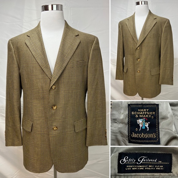 Men's Hart Schaffner Marx Softly Tailored Windowpane Plaid 43R Tan Blazer Jacket - Picture 9 of 9